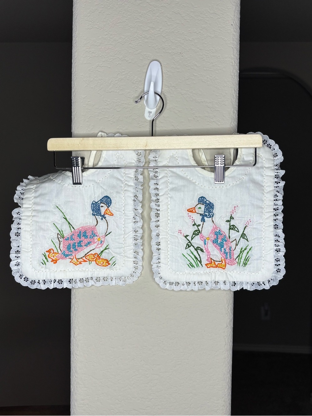 Hand Crafted White Baby Bibs with Pink & Blue Embroidered Ducks Cottagecore